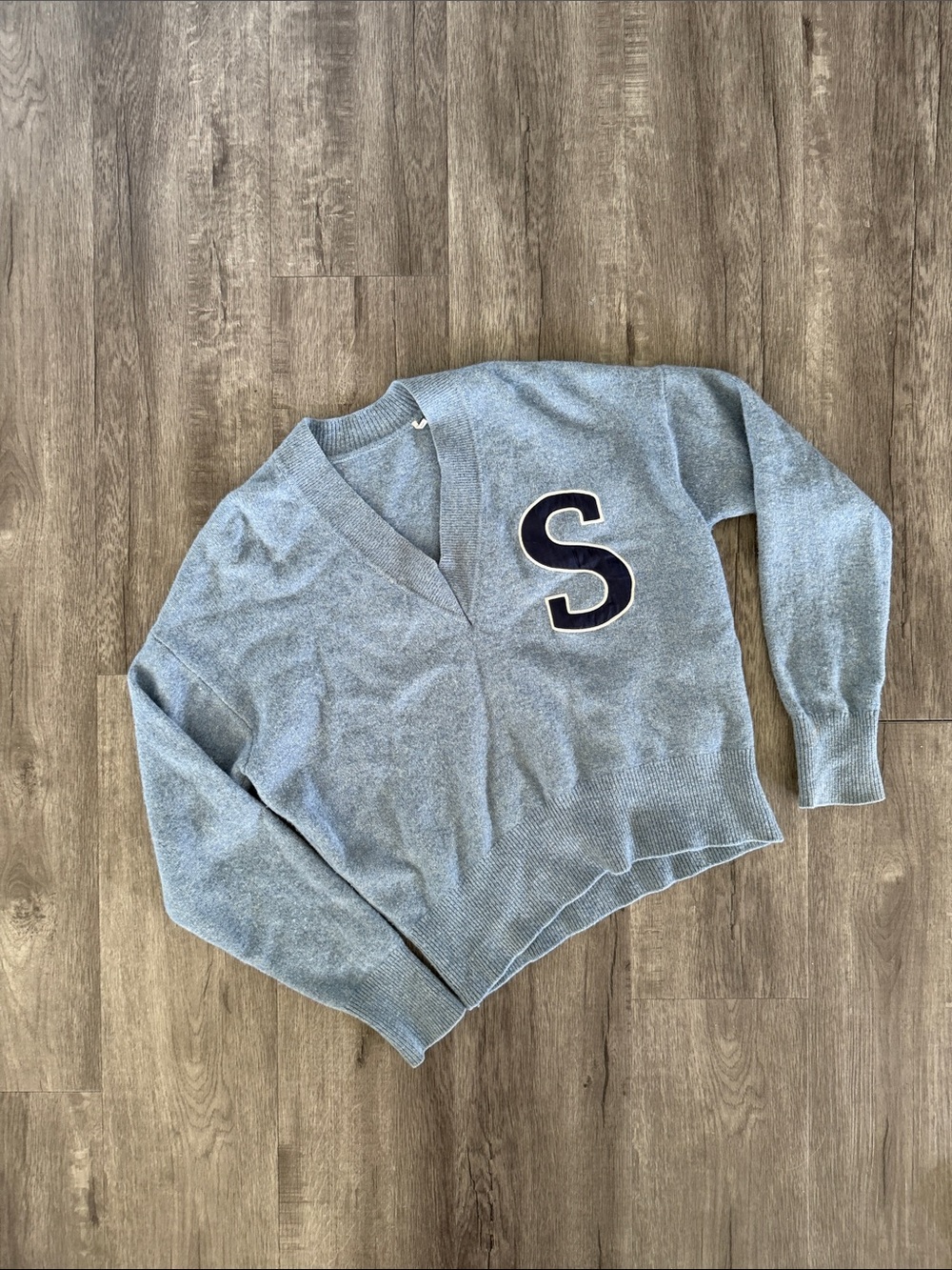 Sandro Paris Light Blue V-Neck Sweater with Navy 'S' Patch